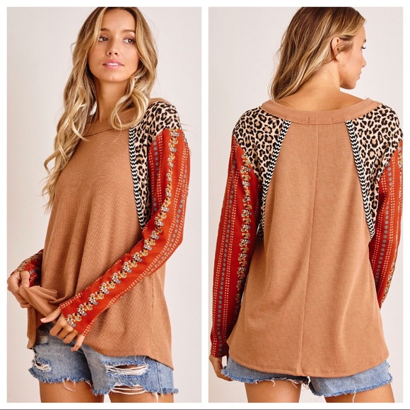 Aztec Mixed Print Contrast boho chic sleeve top - Picture 3 of 6
